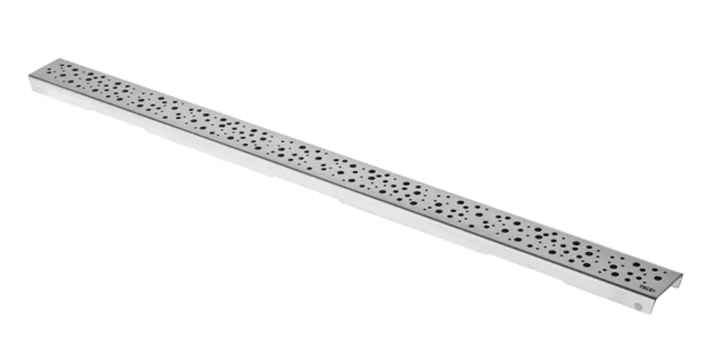 Edelstahl-Rost von TECE mit perforierter Oberfläche, gerades Design, geeignet für Abläufe in Badezimmern oder anderen Feuchträumen.